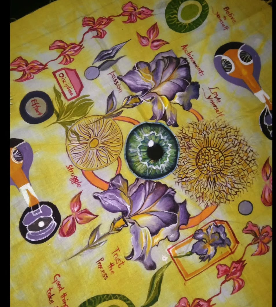Hand-painted yellow cloth with irises, eyes and lettering