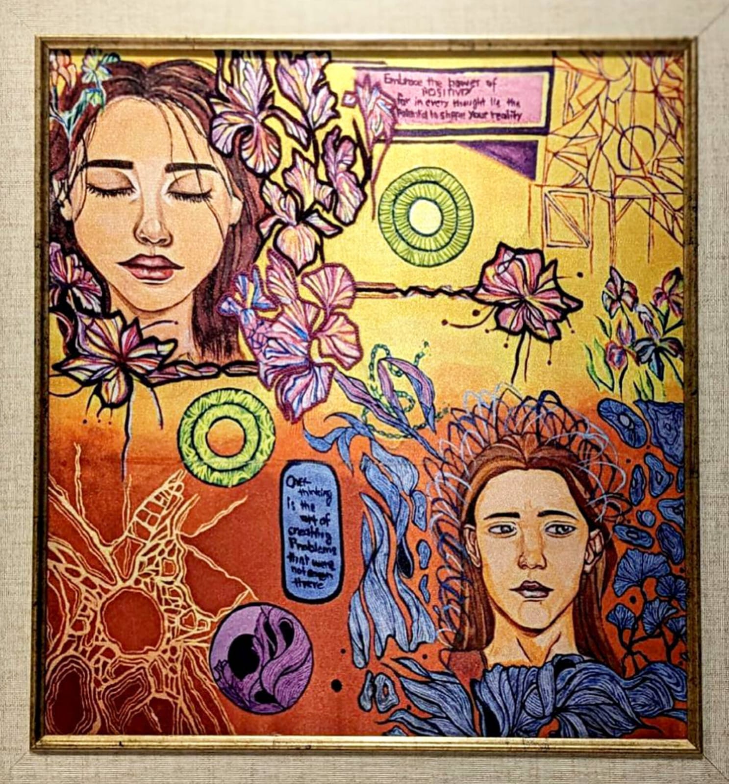 Framed painting of two women's faces with irises, circles and handwritten notes